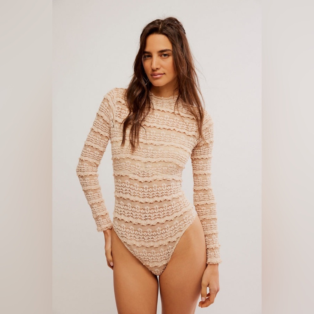 Free People Lace Long Sleeve Bodysuit in Beige